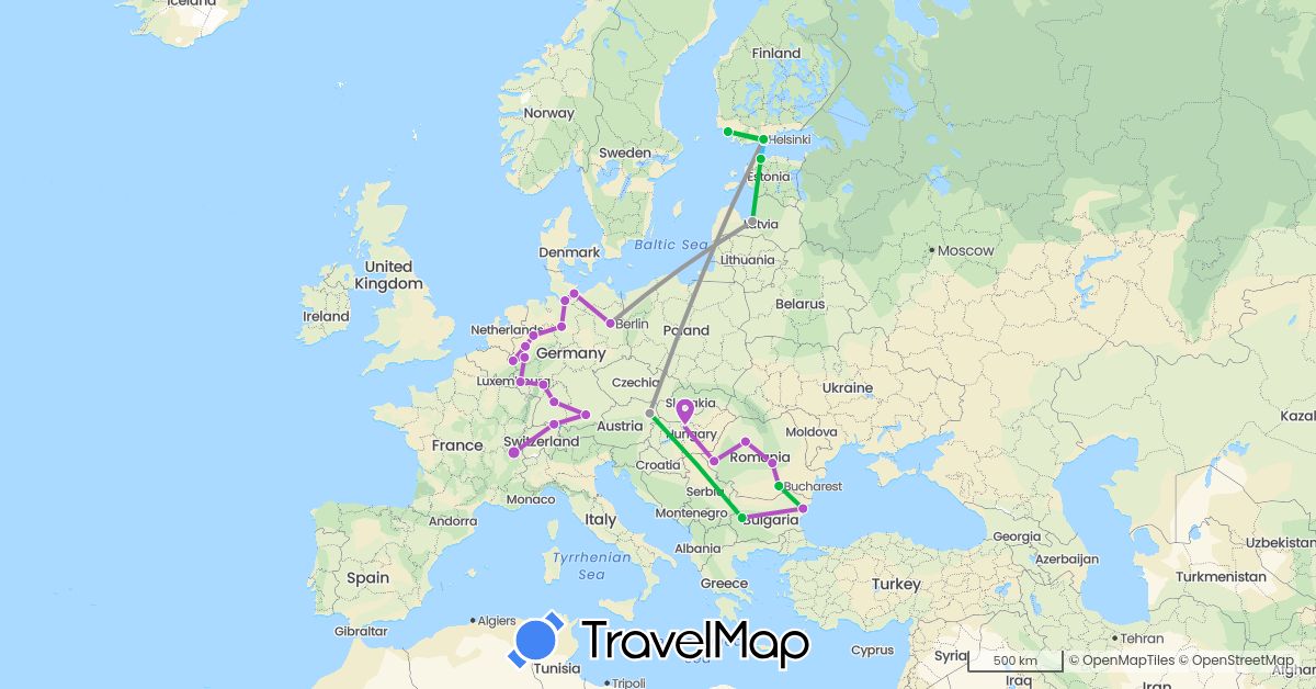 TravelMap itinerary: driving, bus, plane, train, boat in Austria, Bulgaria, Switzerland, Germany, Estonia, Finland, Hungary, Latvia, Romania (Europe)